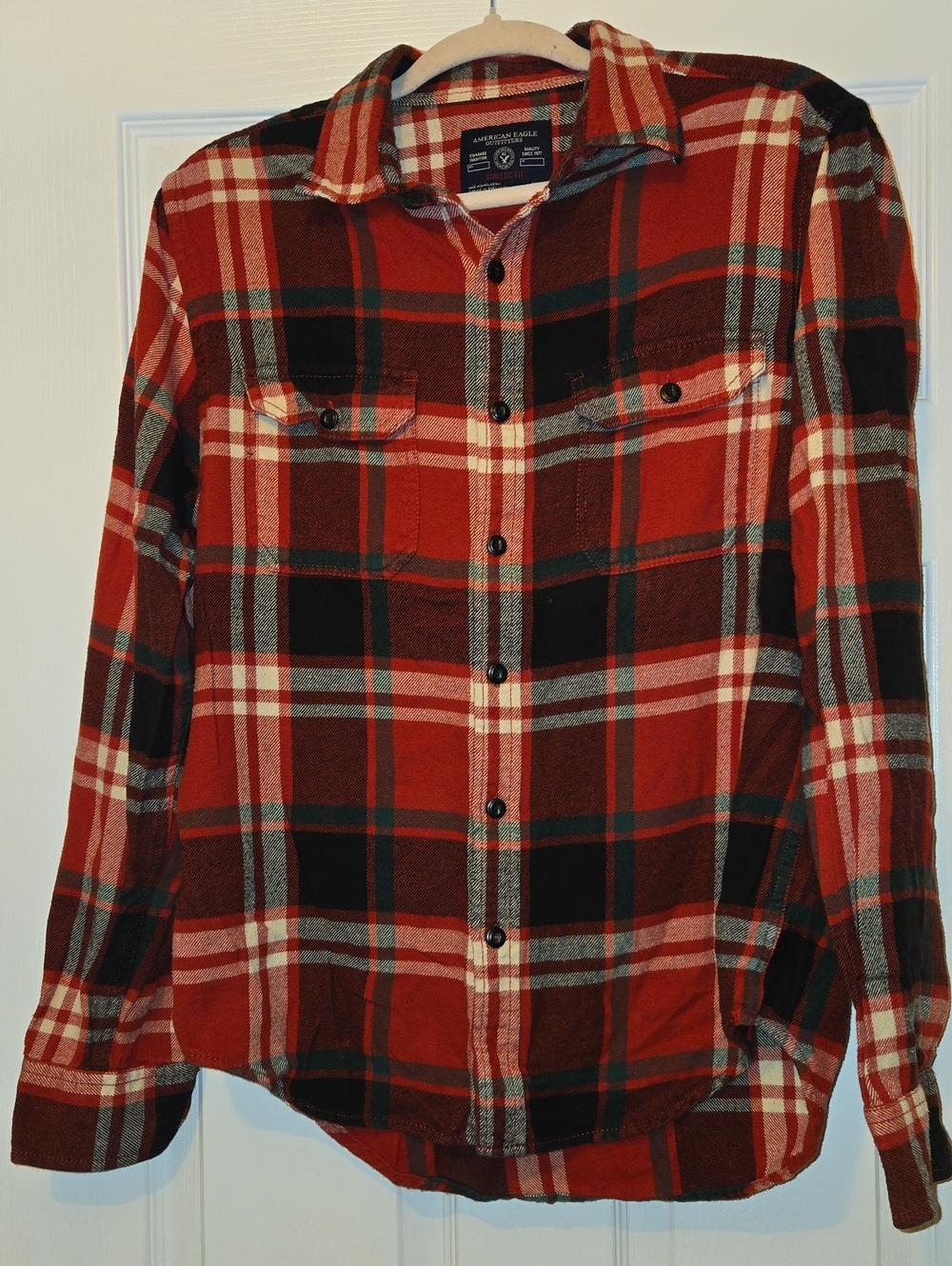 American Eagle Outfitters Red and Black Plaid Button-Down Shirt